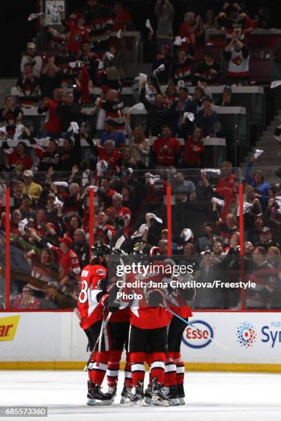 Tom Pyatt of the Ottawa Senators celebrates after scoring a goal against Matt Murray of the Pittsburgh Penguins during the third period in Game Four...