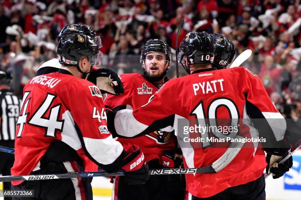 Tom Pyatt of the Ottawa Senators celebrates after scoring a goal against Matt Murray of the Pittsburgh Penguins during the third period in Game Four...
