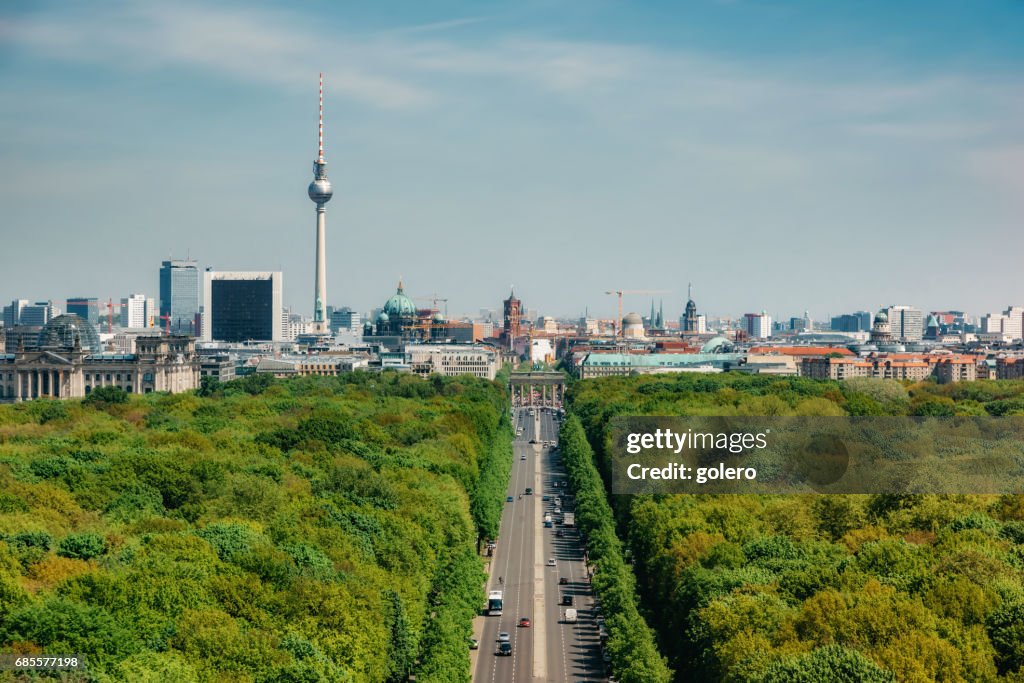 View over green Tiergarten Park on Berlin Skyline with Tv-Tower under blue sky
