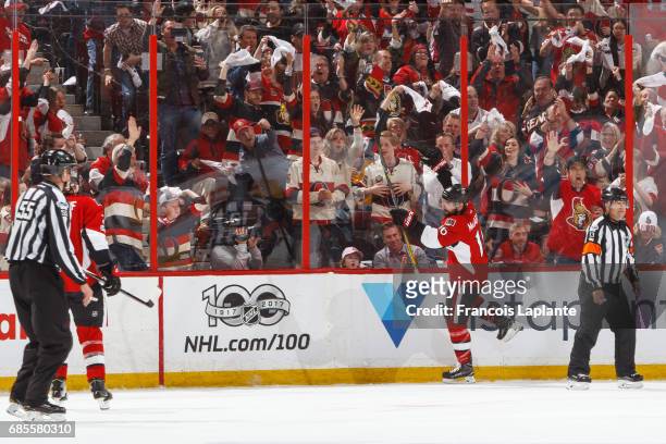 Clarke MacArthur of the Ottawa Senators celebrates his goal against the Pittsburgh Penguins in Game Four of the Eastern Conference Final during the...