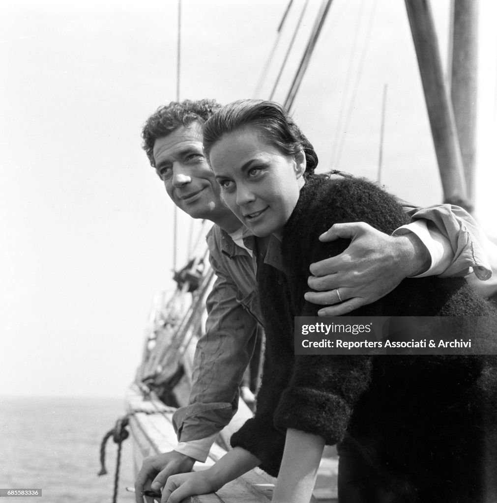 Alida Valli and Yves Montand on the set of 'The Wide Blue Road'