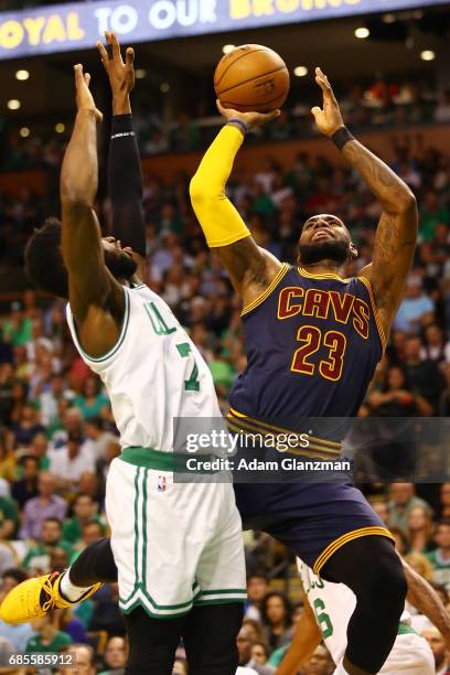 LeBron James of the Cleveland Cavaliers shoots the ball against Jaylen Brown of the Boston Celtics in the first half during Game Two of the 2017 NBA...