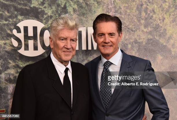 David Lynch and Kyle MacLachlan attend the premiere of Showtime's "Twin Peaks" at The Theatre at Ace Hotel on May 19, 2017 in Los Angeles, California.