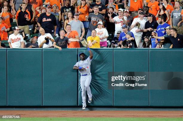 Anthony Alford of the Toronto Blue Jays, in his MLB debut, catches a ball hit by J.J. Hardy of the Baltimore Orioles in the sixth inning at Oriole...