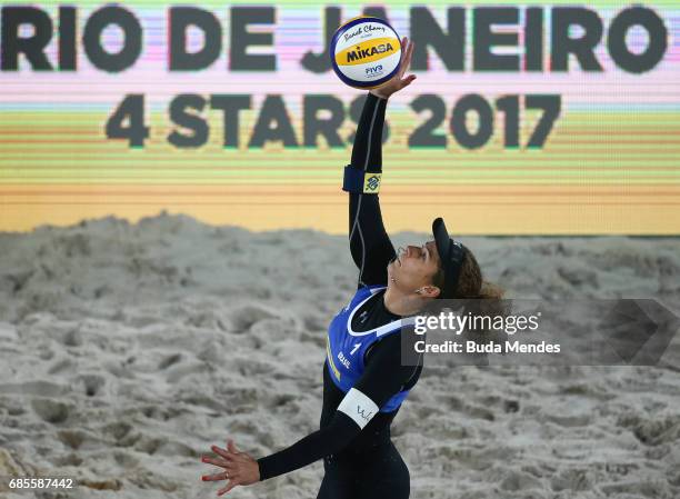 Larissa Frana Maestrini of Brazil in action during the Women's Round of 02 match against Taliqua Clancy and Louise Bawden of Australia at Olympic...