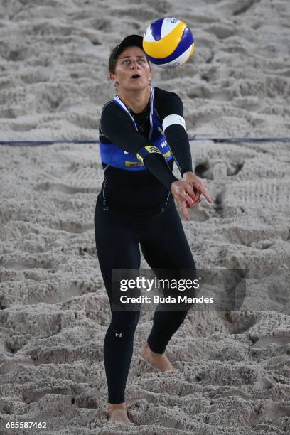 Larissa Frana Maestrini of Brazil in action during the Women's Round of 02 match against Taliqua Clancy and Louise Bawden of Australia at Olympic...