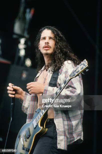 Singer-songwriter and guitarist Chris Cornell performing with American rock group, Soundgarden at Feyenoord Stadion , Rotterdam, Netherlands, 23rd...