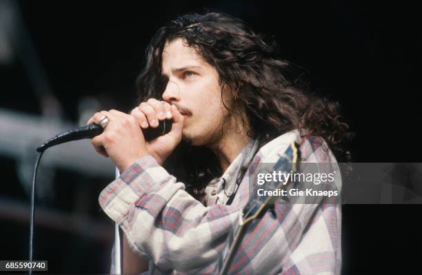 Singer-songwriter and guitarist Chris Cornell performing with American rock group, Soundgarden at Feyenoord Stadion , Rotterdam, Netherlands, 23rd...