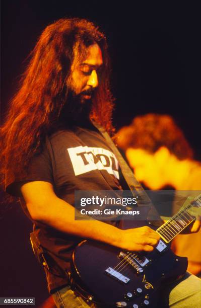 Guitarist Kim Thayil, wearing Tool t-shirt, performs with American rock group, Soundgarden at the Pukkelpop Festival, Hasselt, Belgium, 26th August...