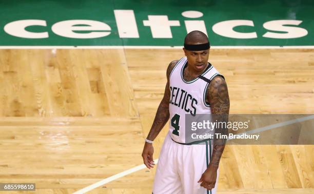 Isaiah Thomas of the Boston Celtics reacts in the first half against the Cleveland Cavaliers during Game Two of the 2017 NBA Eastern Conference...