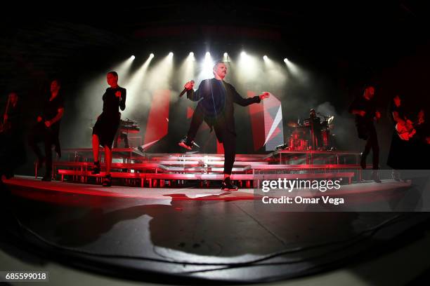 Spanish singer Miguel Bose performs during the concert as part of his 2017 'Estare' Tour in the United States at Music Hall on May 19, 2017 in...