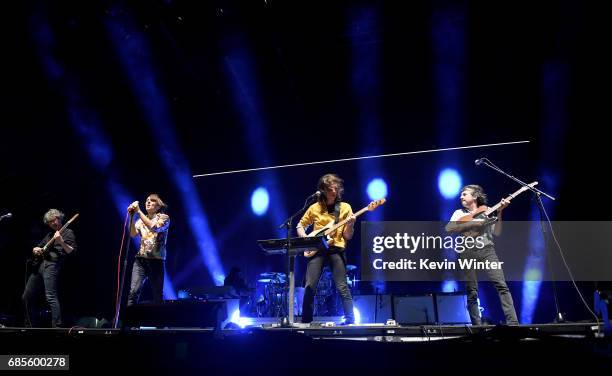 Musicians Laurent Brancowitz, Thomas Mars, Christian Mazzalai and Deck d'Arcy and of the band Phoenix perform at the Hangout Stage during 2017...