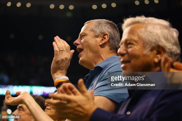 Governor of Massachusetts Charlie Baker and owner and CEO of the New England Patriots Robert Kraft cheer during Game Two of the 2017 NBA Eastern...