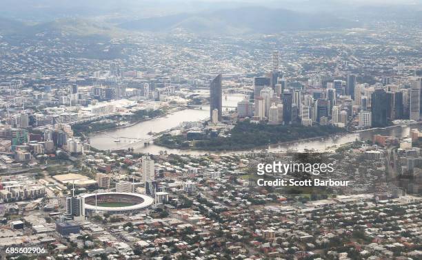 General view of The Gabba and the Brisbane city skyline before the round nine AFL match between the Brisbane Lions and the Adelaide Crows at The...