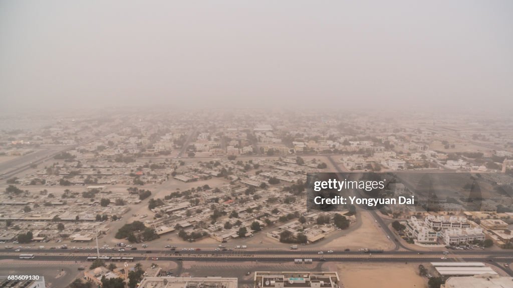 Aerial View of Dubai in Sandstorm