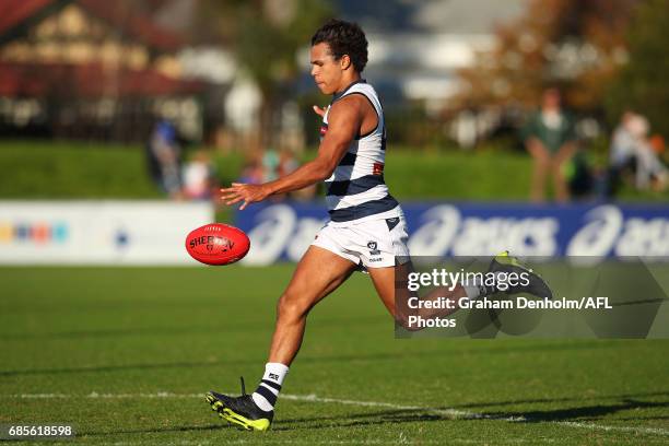 Jamaine Jones of Geelong kicks a goal during the round six VFL match between the Footscray Bulldogs and the Geelong Cats at Whitten Oval on May 20,...