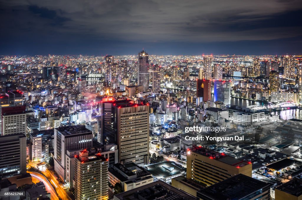 Aerial View of Downtown Tokyo at Night