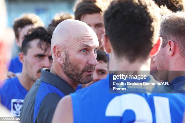 Footscray Coach Steve Grace talks to his players during the round six VFL match between the Footscray Bulldogs and the Geelong Cats at Whitten Oval...