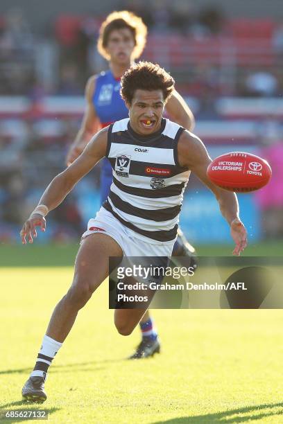 Jamaine Jones of Geelong chases the ball during the round six VFL match between the Footscray Bulldogs and the Geelong Cats at Whitten Oval on May...