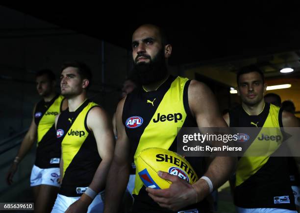 Bachar Houli of the Tigers leads his team out during the round nine AFL match between the Greater Western Sydney Giants and the Richmond Tigers at...