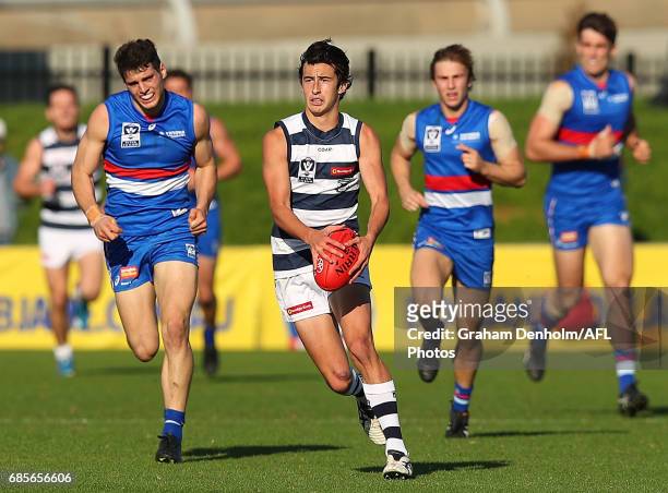 Samuel Simpson of Geelong in action during the round six VFL match between the Footscray Bulldogs and the Geelong Cats at Whitten Oval on May 20,...
