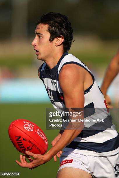 Samuel Simpson of Geelong in action during the round six VFL match between the Footscray Bulldogs and the Geelong Cats at Whitten Oval on May 20,...