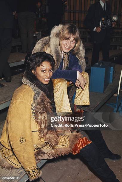 English musician and guitarist with Rolling Stones, Brian Jones pictured with American model and actress Donyale Luna during rehearsals for the...