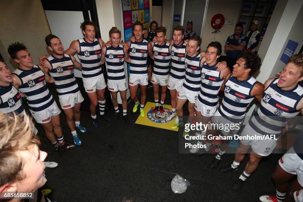 Geelong celebrate in the dressing rooms following victory against Footscray during the round six VFL match between the Footscray Bulldogs and the...