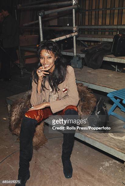 American model and actress Donyale Luna pictured smoking a cigarette during rehearsals for the Rolling Stones Rock and Roll Circus at Internel...