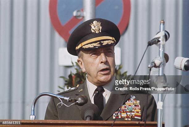 United States Army General Lyman Lemnitzer , Supreme Allied Commander of NATO, pictured speaking from a lectern in Paris in 1968 during a period of...