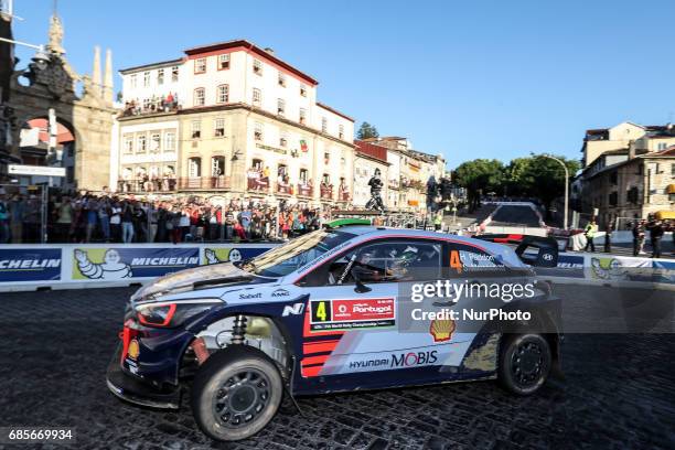 Hayden Paddon and John Kennard in Hyundai i20 Coupe WRC of Hyundai Motorsport in action during the SS8 Braga Street Stage of WRC Vodafone Rally de...