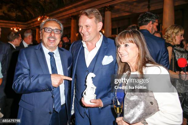 German actor and award winner Devid Striesow with German actor Wolfgang Stumph and his wife Christine Stumph during the Bayerischer Fernsehpreis 2017...