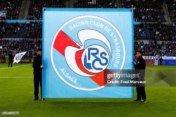 Abstract realistic french association football flag. Motion. Racing Club de Strasbourg  Alsace flag. For editorial use only Stock Photo - Alamy