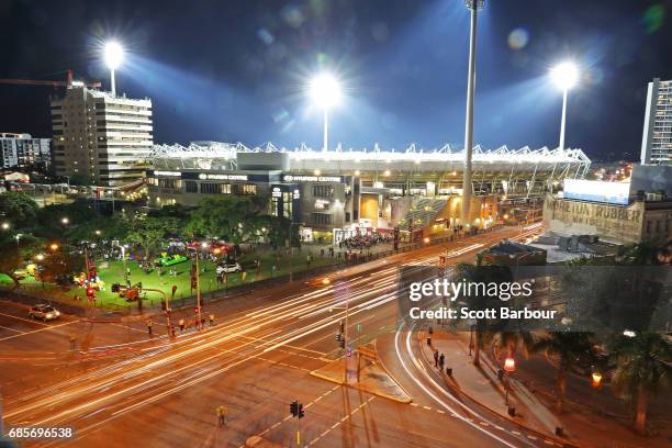 General view of The Gabba at night during the round nine AFL match between the Brisbane Lions and the Adelaide Crows at The Gabba on May 20, 2017 in...