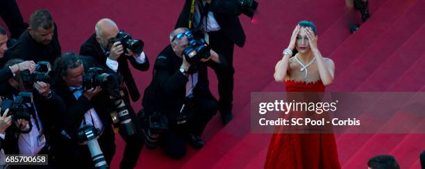 Model Bella Hadid attends the "Okja" premiere during the 70th annual Cannes Film Festival at Palais des Festivals on May 19, 2017 in Cannes, France.