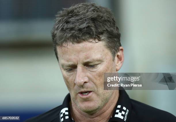 Damien Hardwick, coach of the Tigers, looks on during the round nine AFL match between the Greater Western Sydney Giants and the Richmond Tigers at...