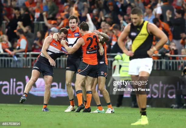 Jeremy Cameron of the Giants celebrates on the siren during the round nine AFL match between the Greater Western Sydney Giants and the Richmond...