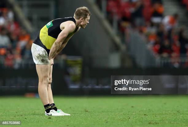 Jack Riewoldt of the Tigers looks dejected during the round nine AFL match between the Greater Western Sydney Giants and the Richmond Tigers at...