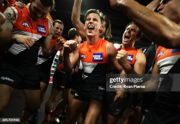 Lachie Whitfield of the Giants celebrates after the round nine AFL match between the Greater Western Sydney Giants and the Richmond Tigers at...