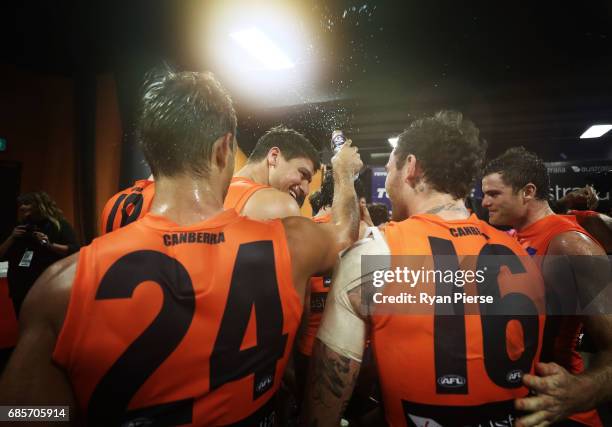 Jonathon Patton of the Giants celebrates during the round nine AFL match between the Greater Western Sydney Giants and the Richmond Tigers at...