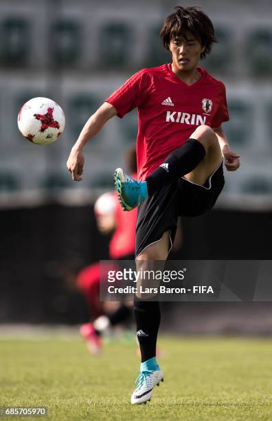 Koki Ogawa of Japan kicks the ball during a Japan training session for the FIFA U-20 World Cup Korea Republic at Suwon World Cup Stadium Auxiliary...