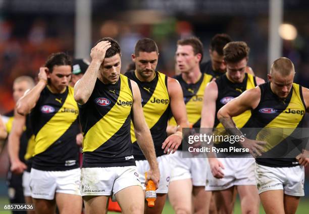 Trent Cotchin of the Tigers looks dejected after the round nine AFL match between the Greater Western Sydney Giants and the Richmond Tigers at...