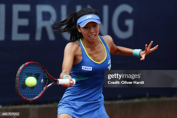 Mayo Hibi of Japan in action against Anastasiya Komardina of Russia in the qualification round during the WTA Nuernberger Versicherungscup on May 20,...