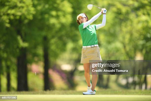 Yasuko Satoh of Japan hits her tee shot on the 9th hole during the final round of the Twin Fields Ladies Tournament at the Golf Club Twin Fields on...