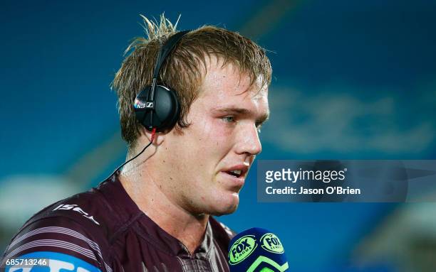 Jake Trbojevic of the Sea Eagles talks to the media after the round 11 NRL match between the Gold Coast Titans and the Manly Sea Eagles at Cbus Super...