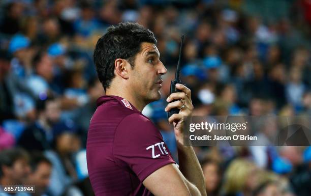 Sea Eagles coach Trent Barrett during the round 11 NRL match between the Gold Coast Titans and the Manly Sea Eagles at Cbus Super Stadium on May 20,...