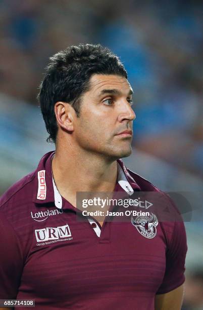 Sea Eagles coach Trent Barrett during the round 11 NRL match between the Gold Coast Titans and the Manly Sea Eagles at Cbus Super Stadium on May 20,...