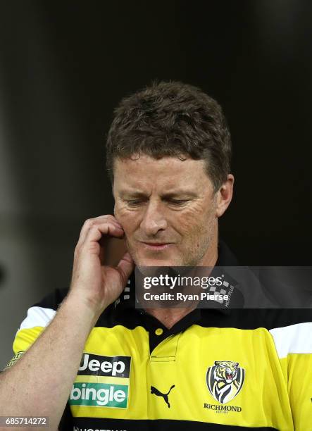 Damien Hardwick, coach of the Tigers, looks on during the round nine AFL match between the Greater Western Sydney Giants and the Richmond Tigers at...