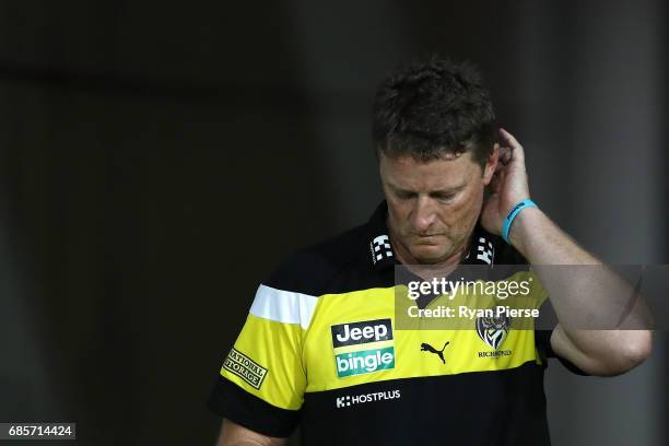 Damien Hardwick, coach of the Tigers, looks on during the round nine AFL match between the Greater Western Sydney Giants and the Richmond Tigers at...