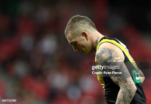 Dustin Martin of the Tigers looks dejected during the round nine AFL match between the Greater Western Sydney Giants and the Richmond Tigers at...